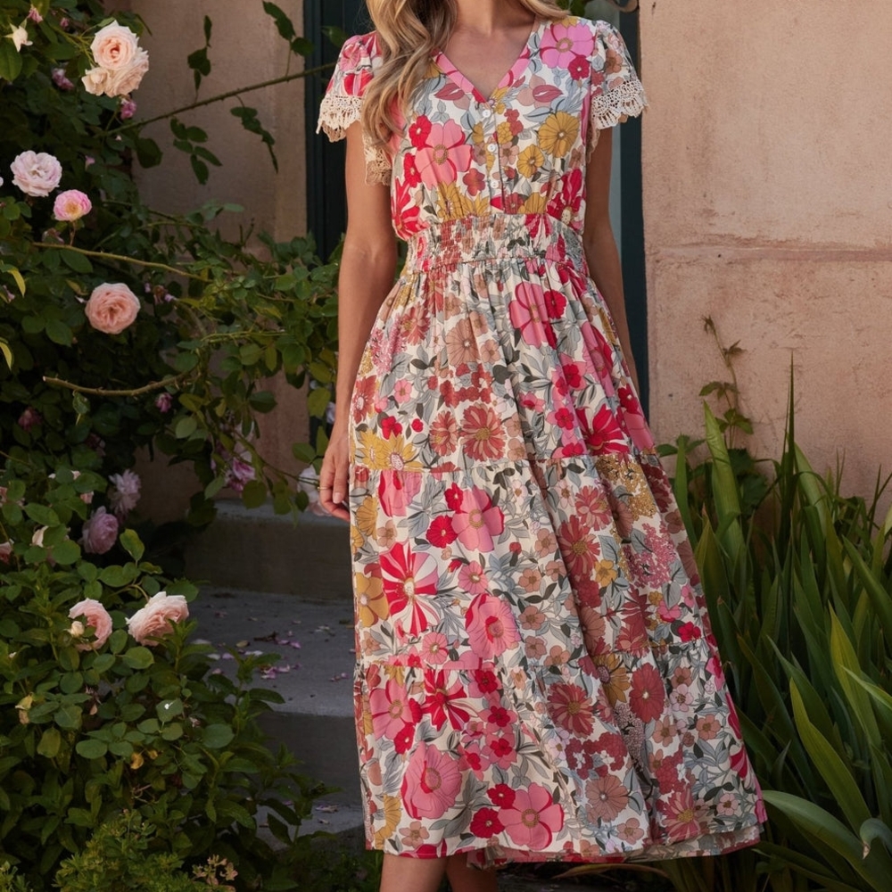 Baltic Born Multicolor Floral Maxi Dress with Lace Details